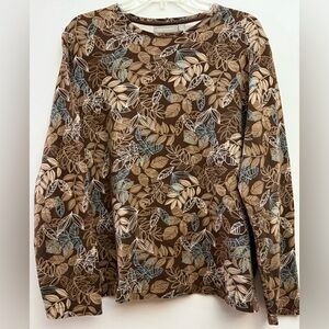 Croft & Barrow Brown, Tan, White and Blue Leaf Print Long Sleeve Top